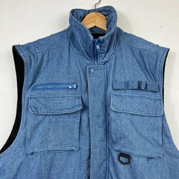 Vintage Stag Hill Denim Fleece Lined Utility Vest Men M Oversized Baggy Full Zip - Picture 2 of 10